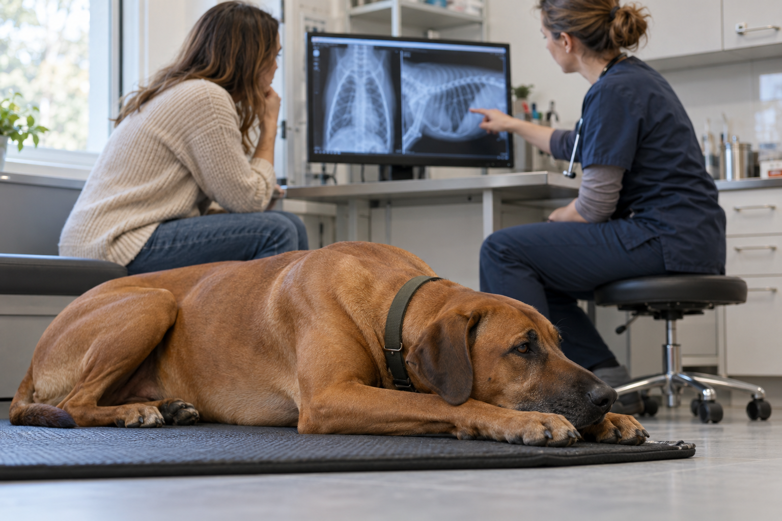Veterinár s majiteľkou spoločne hodnotia snímku hrudníka psa